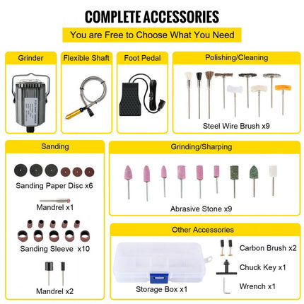 VEVOR Flex Shaft Grinder 780W Hangende Slijpmachine 500-23K TPM Hangmolen Flexshaft Grinder Machine met 1/4 inch 3-klauwplaat & Traploze Voetpedaal 131STKS Accessoires voor Sieraden Polijsten Slijpen