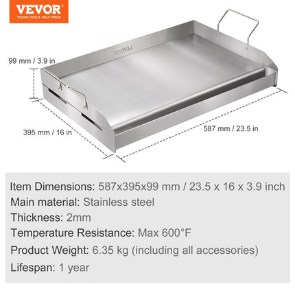 VEVOR grillplaat 430 roestvrij staal 58,7 x 39,5 x 9,9 cm - universele grillplaat 2 mm dik bruikbaar, outdoor BBQ party grillplaat met handgreep gasgrill voor gasgrill, houtskoolgrill en elektrische grillaccessoires