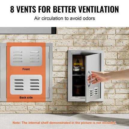 VEVOR Grilltoegangsdeur, 356 x 508 mm, enkele buitenkeukendeur, inbouw roestvrijstalen deur, verticale wanddeur met handgreep en ventilatieopeningen, voor grilleiland, grillstation, buitenkast