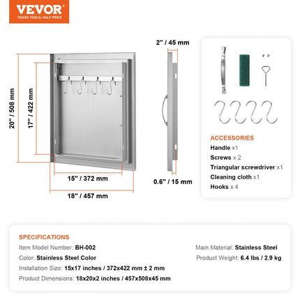 VEVOR Grilltoegangsdeur, 457 x 508 mm, enkele buitenkeukendeur, inbouw roestvrijstalen deur, verticale wanddeur met handgreep en haak, voor grilleiland, grillstation, buitenkast