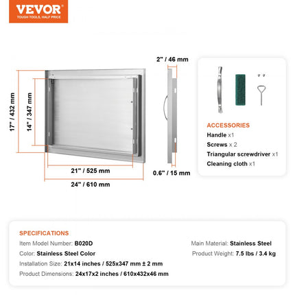 VEVOR Grilltoegangsdeur, 610 x 432 x 46 mm, enkele buitenkeukendeur, inbouw roestvrijstalen deur, verticale wanddeur met handgreep, voor grilleiland, grillstation, buitenkast, enz.