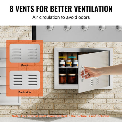 VEVOR Grilltoegangsdeur, 610 x 432 mm, enkele buitenkeukendeur, inbouw roestvrijstalen deur, verticale wanddeur met handvat en ventilatieopeningen, voor grilleiland, grillstation, buitenkast