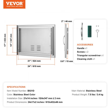 VEVOR Grilltoegangsdeur, 610 x 432 mm, enkele buitenkeukendeur, inbouw roestvrijstalen deur, verticale wanddeur met handvat en ventilatieopeningen, voor grilleiland, grillstation, buitenkast
