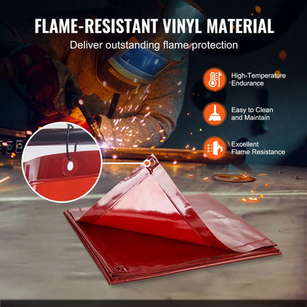 VEVOR lasgordijn 1,8 x 1,8 m lasbeschermingsgordijn van vlamvertragend vinyl lasbeschermingswand met 4 zwenkwielen en een 6-traps UV-werende lasdeken lasbescherming rood