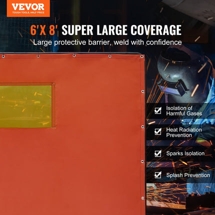VEVOR lasgordijn 1,8 x 2,4 m lasbeschermingsgordijn van vlamvertragend vinyl lasbeschermingswand met 4 zwenkwielen en een 6-traps UV-werende lasdeken lasbescherming rood