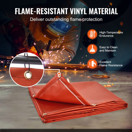 VEVOR lasgordijn 1,8 x 2,4 m lasbeschermingsgordijn van vlamvertragend vinyl lasbeschermingswand met 4 zwenkwielen en een 6-traps UV-werende lasdeken lasbescherming rood