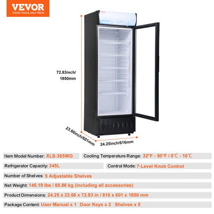 VEVOR drankenkoelkast flessenkoelkast zwart 345 L, drankenkoelkast met 5 verstelbare planken, gastro-drankenkoeler LED 7-traps knopbediening, commerciële koelkast