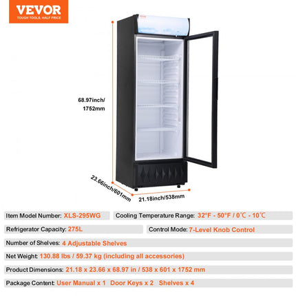 VEVOR drankenkoelkast flessenkoelkast zwart 275 L, drankenkoelkast met 4 verstelbare planken, gastro-drankenkoeler LED 7-traps knopbediening, commerciële koelkast
