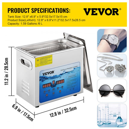 VEVOR Ultrasoon Reiniger Ultrasoon Reinigingsapparaat Ultrasone Reiniger 6L36-40KHz met Tijdopnemer