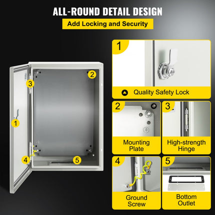 VEVOR schakelkast NEMA industriële behuizing 30x20x15cm NEMA 4X stalen verdeelkast IP66 waterdichte en stofdichte elektrische aansluitdoos voor buiten/binnen met montageplaat