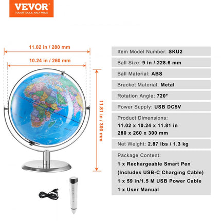 VEVOR Talking Globe 228,6 mm Interactieve wereldbol voor kinderen Educatieve wereldbol met slimme pratende pen LED-nachtlampje USB-interface Cadeaus voor kinderen (Taal: Engels)