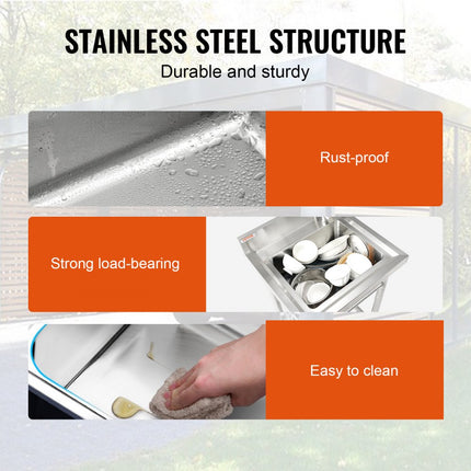 VEVOR roestvrijstalen spoelbak, vrijstaande spoelbak met kraan en poten, 41 x 33 x 22 cm commerciële enkele spoelbak voor garage, restaurant, keuken, commerciële spoelbak