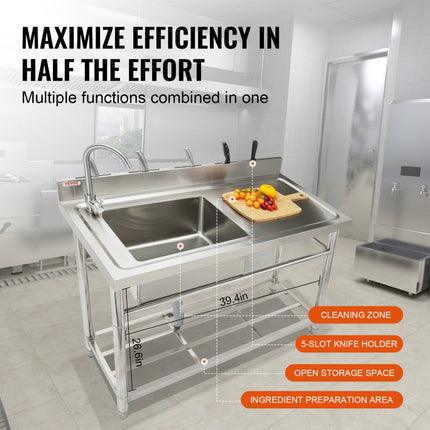 VEVOR 43 x 33 x 22 cm roestvrijstalen spoelbak, 1 compartiment, vrijstaande spoelbak met werkbank (rechts) en kraan en poten, commerciële enkele spoelbak voor garage, restaurant, wasruimte
