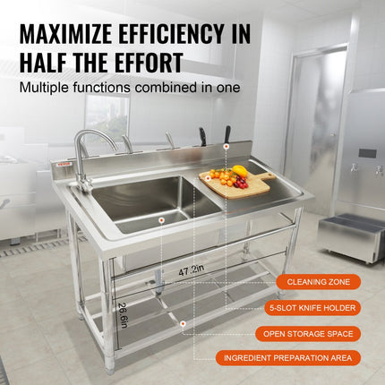VEVOR roestvrijstalen spoelbak, vrijstaande commerciële keukengootsteenset met enkele bak en werkbank, 50 x 33 x 22 cm enkele spoelbak met kraan voor garage, restaurant, wasruimte