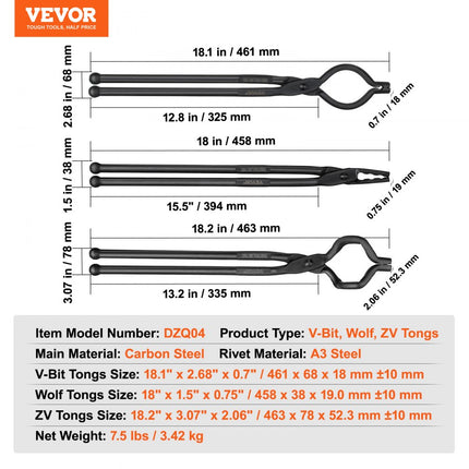 VEVOR smeedtangenset, V-Bit, Wolf, ZV-tang, 3-delige smeedtang van koolstofstaal, 461 x 68 x 18 mm / 458 x 38 x 19 mm / 463 x 78 x 52,3 mm, smeedtang met verlengde handgreep