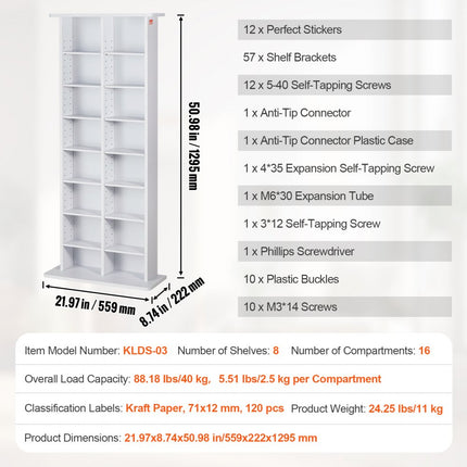 VEVOR media-opbergkast, 8 niveaus, verstelbare dvd-planken, 464 cd's, wit