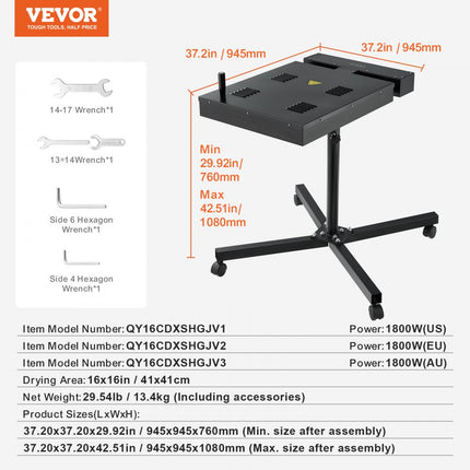 VEVOR flitsdroger voor zeefdruk, zware zeefdrukdroger, sneldroger met 30 "-42" in hoogte verstelbare standaard, 360 ° rotatie, X-vormige basis, stalen T-shirt-uithardingsmachine