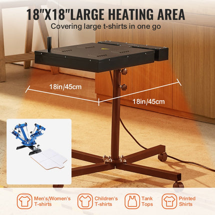 VEVOR flitsdroger, 45x45cm sneldroger voor zeefdruk, robuuste zeefdrukdroger met in hoogte verstelbare standaard, 360° rotatie, X-vormige basis, stalen T-shirt-uithardingsmachine