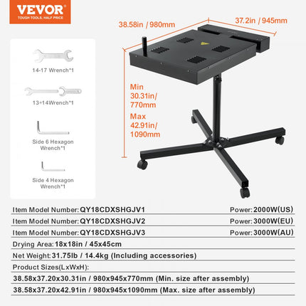 VEVOR flitsdroger, 45x45cm sneldroger voor zeefdruk, robuuste zeefdrukdroger met in hoogte verstelbare standaard, 360° rotatie, X-vormige basis, stalen T-shirt-uithardingsmachine
