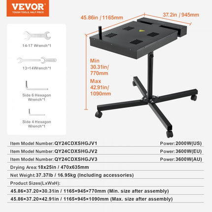 VEVOR flitsdroger, 470 x 635 mm flitsdroger voor zeefdruk, zware zeefdrukdroger met in hoogte verstelbare standaard, 360 ° rotatie, X-vormige basis, stalen T-shirt-uithardingsmachine