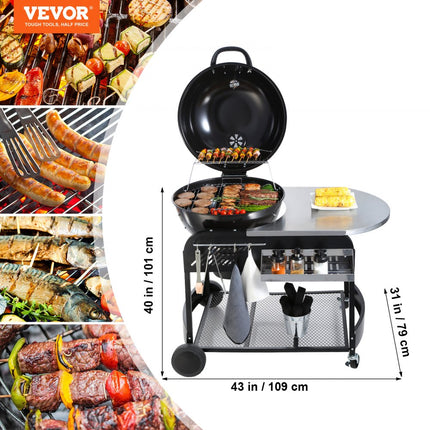 VEVOR houtskoolgrillwagen houtskoolgrills 109x79x101 cm, combinatiegrill grill open haard staande grill 54 x 54 cm grilloppervlak campinggrill met asbak en haak, buitenbarbecue grill ketelgrill familiediner