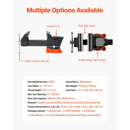 VEVOR 127 mm bankschroef multifunctionele bankschroef gemaakt van nodulair gietijzeren roterende basis