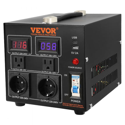 VEVOR 1000VA spanningsomvormer transformator AC 110V⇋220V transformatoromvormer 2x US NEMA 5-15R 3-pins/2x standaard Europese Shucko-uitgangsaansluitingen, 1x 5V USB-poort, 1x Type-C-aansluiting