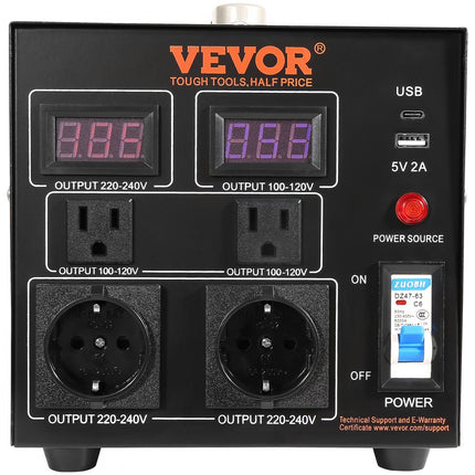VEVOR 1000VA spanningsomvormer transformator AC 110V⇋220V transformatoromvormer 2x US NEMA 5-15R 3-pins/2x standaard Europese Shucko-uitgangsaansluitingen, 1x 5V USB-poort, 1x Type-C-aansluiting