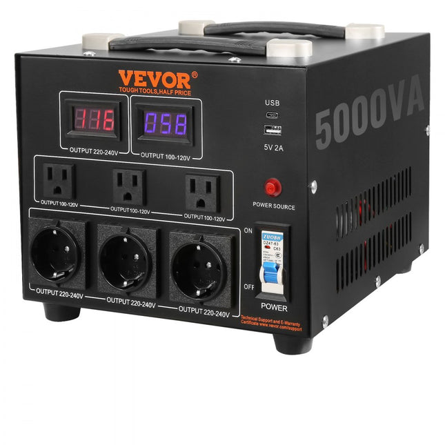 VEVOR 5000VA spanningsomvormer transformator AC 110V⇋220V transformatoromvormer 3x US NEMA 5-15R 3-pins / 3x Europese Shucko-uitgangen, 1x 5V USB-poort en 1x Type-C-aansluiting
