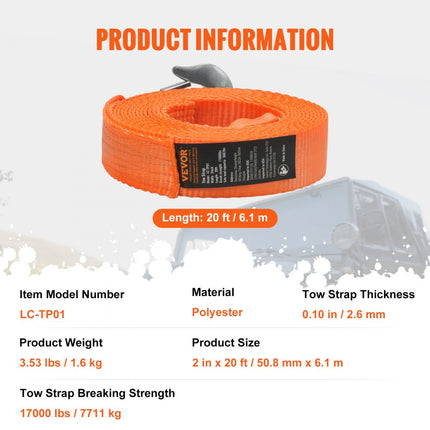 VEVOR ATV-autosleepriem met haken 50 mm x 6 m 7711 kg Sleepriemen met veiligheidshaken Zware vrachtwagen sleepkabel Sleepaccessoires Sleepkabel voor herstel langs de weg