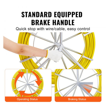 VEVOR glasvezel kabelwiel Ø6.35mm x 129.5m glasvezel staaf incl. stalen haspel handschoenen remgreep metalen trekkoppen visband -40℃ tot +80℃ intrekhulp intrekband intrekspiraal