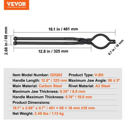 VEVOR smidtang, 461 x 68 x 18 mm V-bit smeedtang 96 ± 5 ° maximale kaakhoek, koolstofstaal V-bit tang, 8,8 mm maximale kaakdikte, smeedtang met verlengd handvat