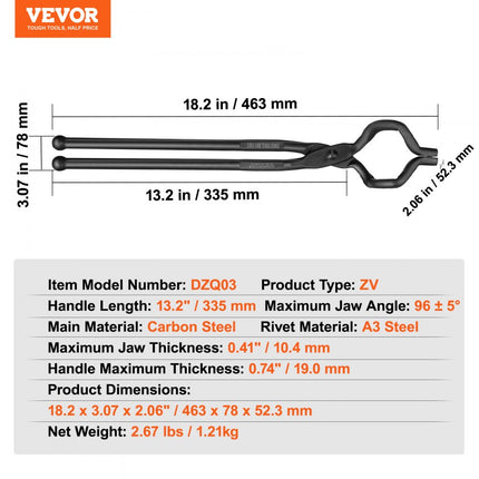 VEVOR smidtang, 463 x 78 x 52,3 mm ZV bit-smeedtang 96 ± 5 ° maximale kaakhoek, koolstofstaal ZV-bittang, 10,4 mm maximale kaakdikte, smeedtang met verlengd handvat