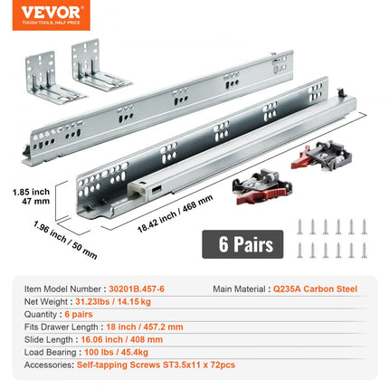 VEVOR 6x ladegeleiders 467 x 61 x 54 mm uittrekbare geleider 45,4 kg (statisch)/36,3 kg (dynamisch) softclose rails voor laden, volledig uittrekbaar laderailsysteem van koolstofstaal