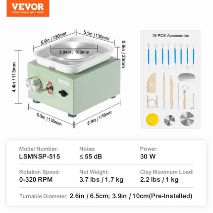 VEVOR Mini Aardewerkschijf Mini Elektrische Keramische Wielmachine 320 RPM Groen