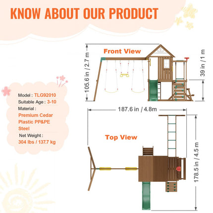 VEVOR Houten Schommelset 10 in 1 Buitenspeeltuinsets 1,8 m Glijbaan Bovenfort