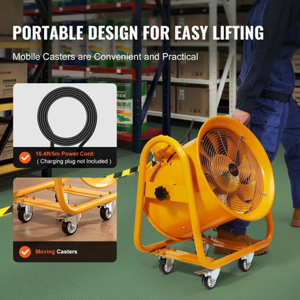 VEVOR bouwventilator 1100W AC-motor bouwventilator 2850 rpm bouwventilator blower 2001 L/s (4240 CFM) axiaalventilator 5 m voedingskabel axiaalventilator 79 dB geluidsniveau industriële ventilator IP44