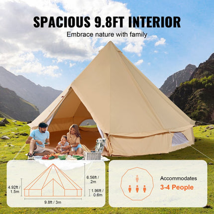 VEVOR bell tent 3 x 2 m yurt tent TC katoen en stevige ijzeren palen met een PVC grondzeil kampeertent 4 persoons familietent 8 ramen groepstent voor buitenavonturen