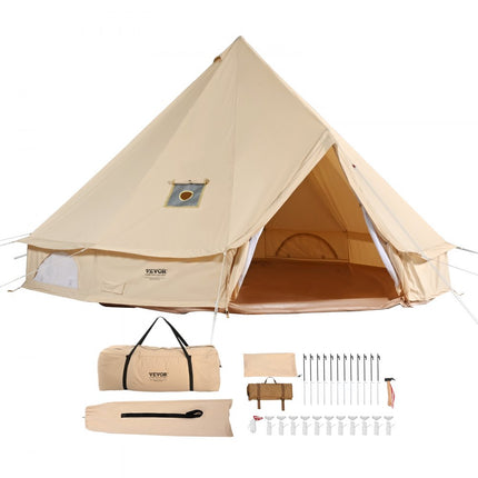 VEVOR Bell Tent 4 x 2,5 m Yurttent TC Katoen en zware ijzeren palen met een PVC grondzeil Campingtent 6-persoons familietent 8 ramen Groepstent voor buitenavonturen