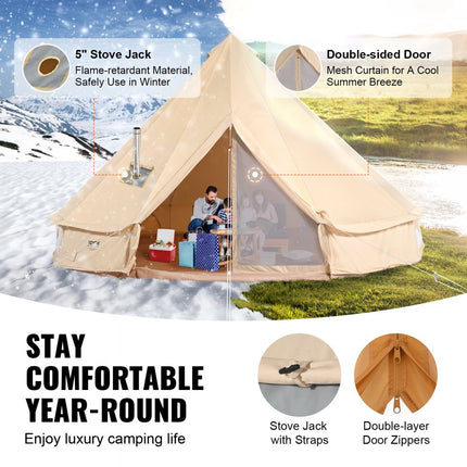VEVOR bell tent 5 x 3 m yurt tent TC katoen met zeer sterke ijzeren staven en een PVC grondzeil kampeertent 8 personen familietent piramidetent met 8 ramen groepstent voor buitenavonturen
