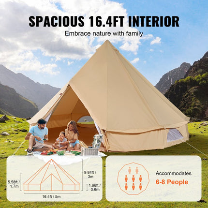 VEVOR bell tent 5 x 3 m yurt tent TC katoen met zeer sterke ijzeren staven en een PVC grondzeil kampeertent 8 personen familietent piramidetent met 8 ramen groepstent voor buitenavonturen