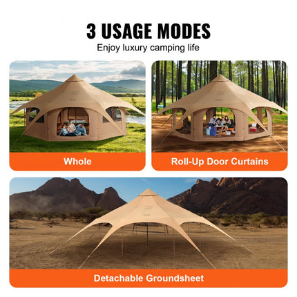 VEVOR Bell Tent 5 x 2,8 m Yurttent TC katoen en zware ijzeren palen met een Oxford-doek grondzeil Campingtent 8-persoons familietent 8 raamgroeptent voor buitenavonturen