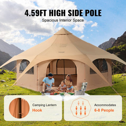 VEVOR Bell Tent 5 x 2,8 m Yurttent TC katoen en zware ijzeren palen met een Oxford-doek grondzeil Campingtent 8-persoons familietent 8 raamgroeptent voor buitenavonturen
