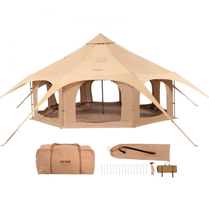 VEVOR Bell Tent 5 x 2,8 m Yurttent TC katoen en zware ijzeren palen met een Oxford-doek grondzeil Campingtent 8-persoons familietent 8 raamgroeptent voor buitenavonturen