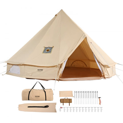 VEVOR Bell Tent 6 x 3,5 m Yurttent TC Katoen en zware ijzeren palen met PVC-grondzeil Campingtent 10-persoons familietent 12 ramen Groepstent voor buitenavonturen