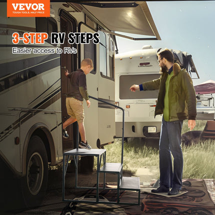 VEVOR RV-trappen, 3 treden voor campers, draagvermogen van 200 kg, verdikt koolstofstaal, met leuning, antisliptreden voor veilig in- en uitstappen, geschikt voor campers, aanhangwagens