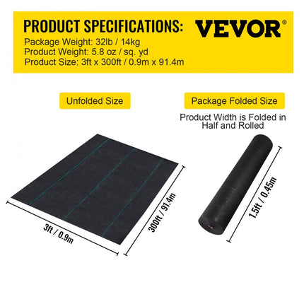 VEVOR Onkruidbestrijding 5.8oz tuinfleece 3x30ft afdekmat zware geweven grasbestrijding geotextiel onkruidstof onkruidwikkel onkruidwikkel voor tuinpatio zwart