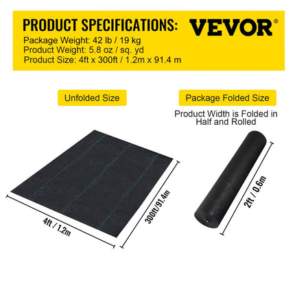 VEVOR Onkruidbestrijding Tuinfleece 5.8oz Landschapsstof 4x30ft Weed Fly Heavy Duty Geweven Grasbestrijding Geotextiel voor Tuin Patio Zwart