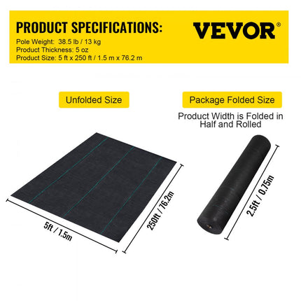 VEVOR Onkruidbestrijdingsstof 5x25ft Tuinvlies 5oz Onkruidfolie Onkruidstof Tuinfolie Duurzaam PP-materiaal en eenvoudige montage Twee lagen voor buitentuin Gazon Oprit Zwart