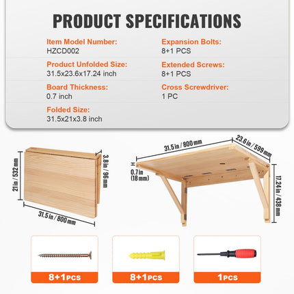 VEVOR klaptafel wandtafel 80,01 x 59,89 x 43,79 cm, opklapbare keukenwand klaptafel wandbureau, tafel voor studentenslaapzaal woonkamer slaapkamer stabiel kaki spaanplaat 45,36 kg draagvermogen